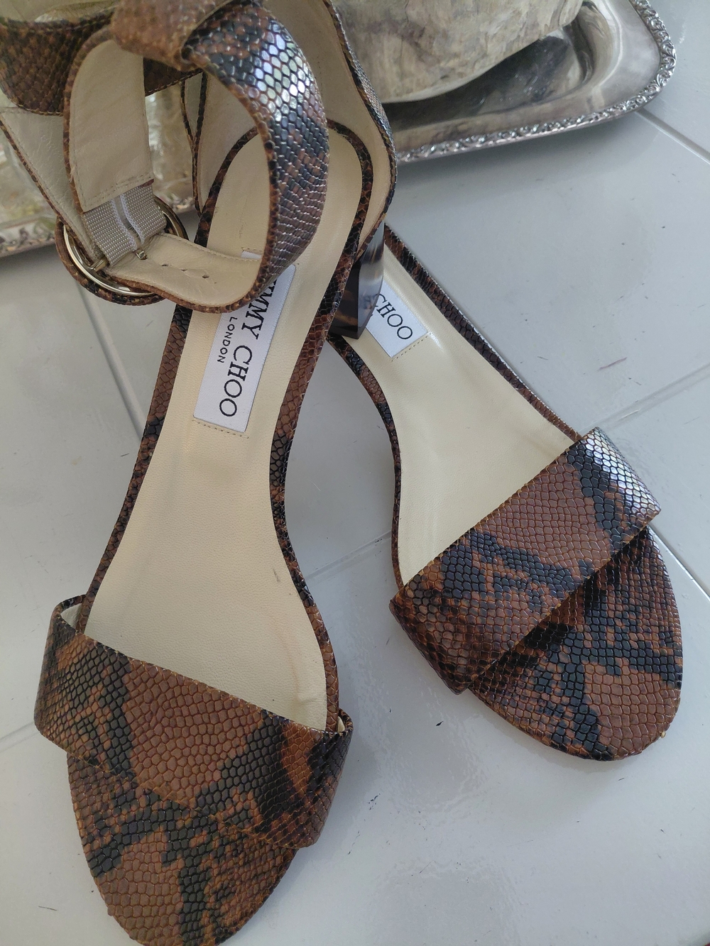 Jimmy Choo Brown Snake-Print Leather Strappy Sandals Sz 9.5